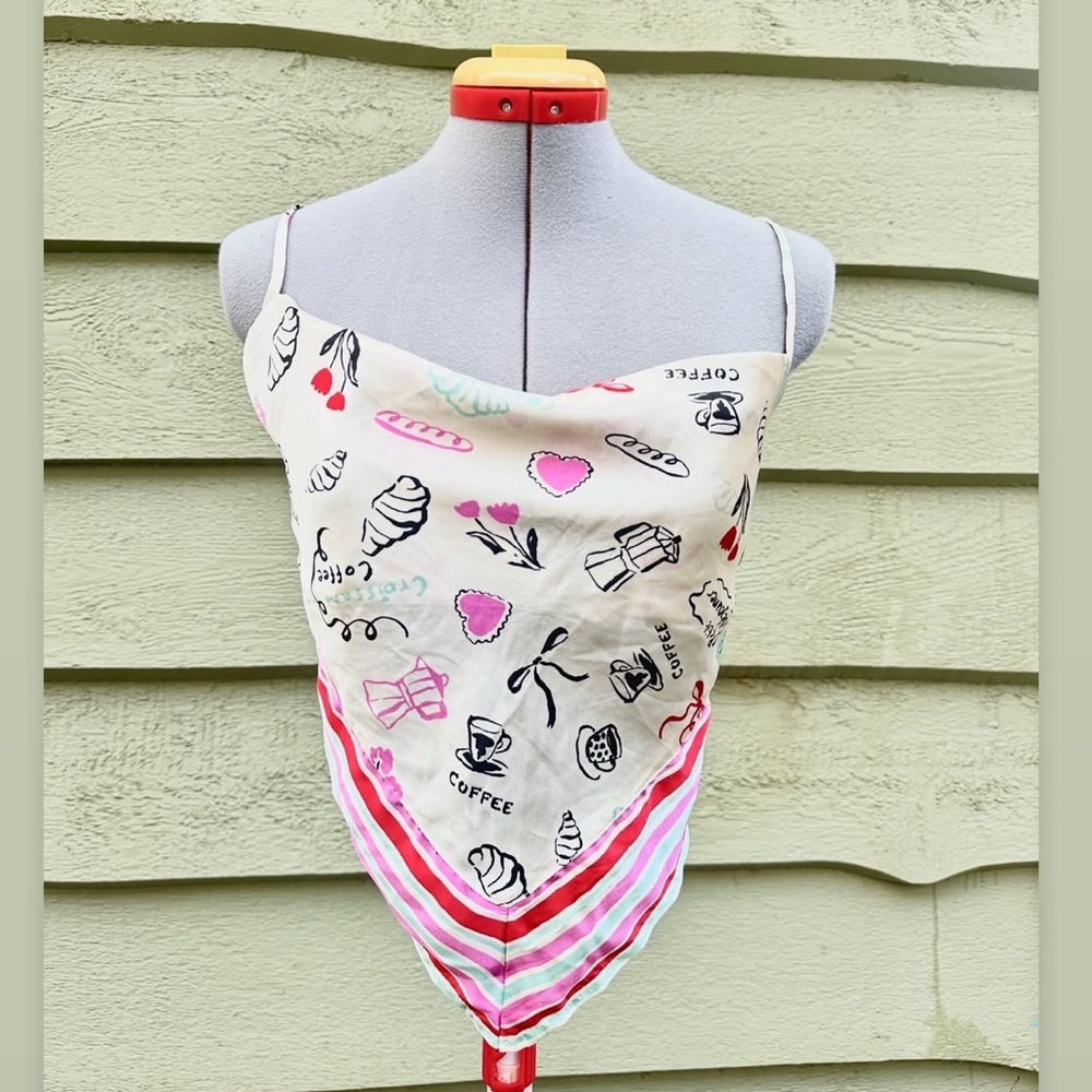Japna Coffee Print Bandana Top Pink Cream Tie Back Cami Large Y2K